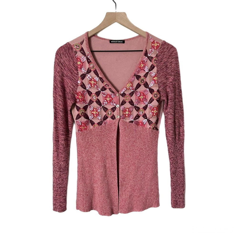 Michael Simon Pink Silk Blend Embellished Sequin Beaded Floral Cardigan Small